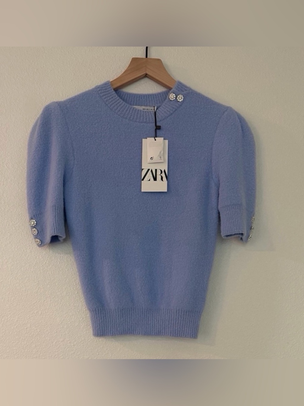 ZARA Short Sleeve Knit Top with Rhinestone Buttons